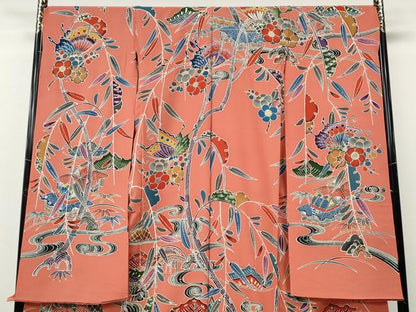 平和屋着物●豪華振袖　型染め　風景舞蝶花文　上代35万　仮絵羽　逸品　未使用　CABE7159ut