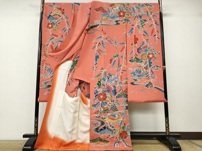 平和屋着物●豪華振袖　型染め　風景舞蝶花文　上代35万　仮絵羽　逸品　未使用　CABE7159ut