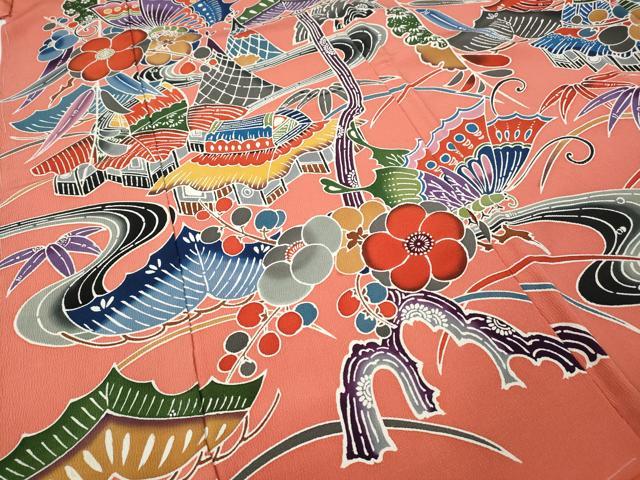 平和屋着物●豪華振袖　型染め　風景舞蝶花文　上代35万　仮絵羽　逸品　未使用　CABE7159ut