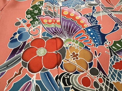平和屋着物●豪華振袖　型染め　風景舞蝶花文　上代35万　仮絵羽　逸品　未使用　CABE7159ut