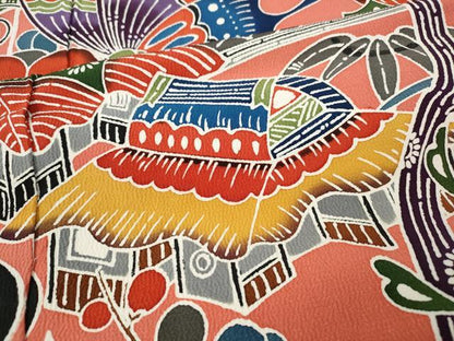 平和屋着物●豪華振袖　型染め　風景舞蝶花文　上代35万　仮絵羽　逸品　未使用　CABE7159ut