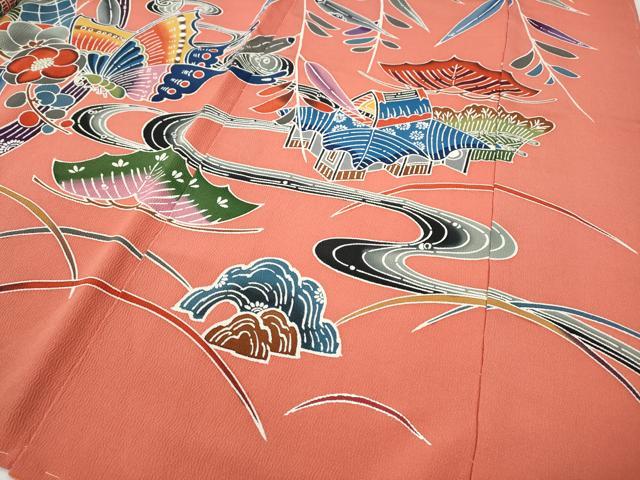 平和屋着物●豪華振袖　型染め　風景舞蝶花文　上代35万　仮絵羽　逸品　未使用　CABE7159ut