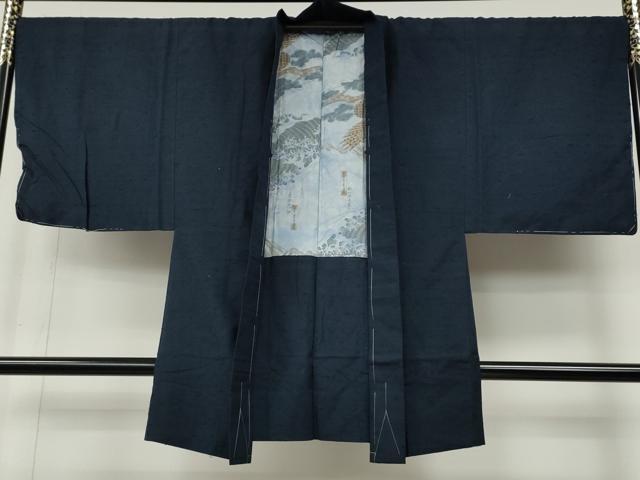 平和屋着物●男性　紬・髭紬羽織セット　留紺色　正絹　逸品　CABE7162ut
