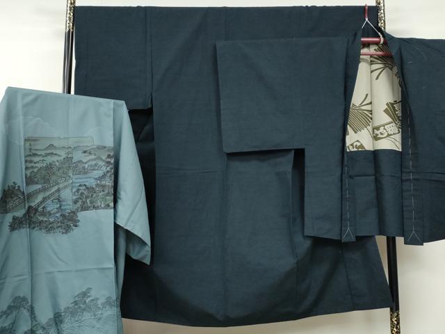 平和屋着物●男性　紬　アンサンブル　長襦袢セット　藍鉄色　正絹　逸品　CABE7164ut