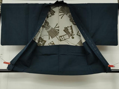 平和屋着物●男性　紬　アンサンブル　長襦袢セット　藍鉄色　正絹　逸品　CABE7164ut