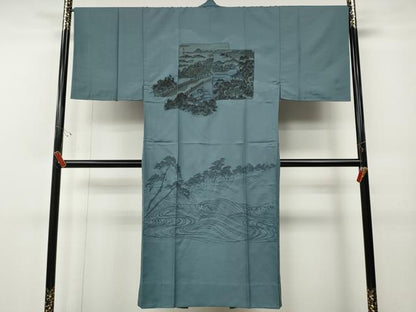 平和屋着物●男性　紬　アンサンブル　長襦袢セット　藍鉄色　正絹　逸品　CABE7164ut