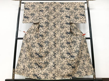 平和屋着物■上質な紬　型染め　草花文　正絹　逸品　CABE7211xe