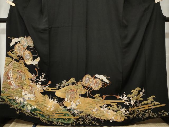 平和屋着物■豪華黒留袖　駒刺繍　鼓　御所車飛鶴文　暈し染め　金銀彩　正絹　逸品　CABE7621ev