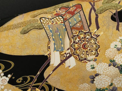 平和屋着物■豪華黒留袖　駒刺繍　鼓　御所車飛鶴文　暈し染め　金銀彩　正絹　逸品　CABE7621ev
