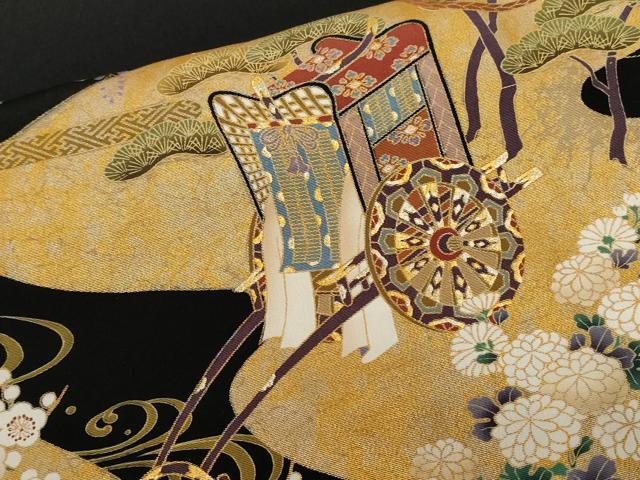 平和屋着物■豪華黒留袖　駒刺繍　鼓　御所車飛鶴文　暈し染め　金銀彩　正絹　逸品　CABE7621ev