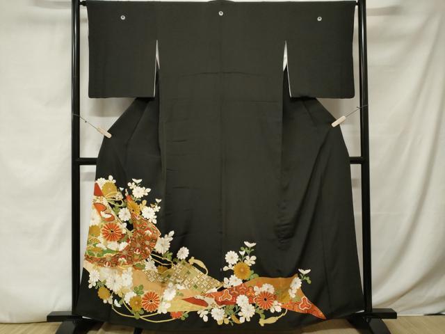 平和屋着物■豪華黒留袖　駒刺繍　吉祥菊文　金彩　正絹　逸品　CABE7622ev