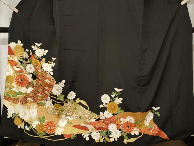 平和屋着物■豪華黒留袖　駒刺繍　吉祥菊文　金彩　正絹　逸品　CABE7622ev