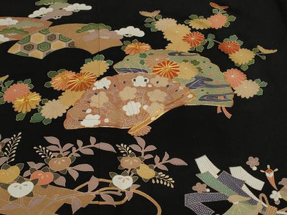 平和屋着物■豪華黒留袖　駒刺繍　萬寿染　檜扇花文　冊子花文　宝尽くし文　金彩　鈴乃屋扱い　正絹　逸品　CABE7624ev