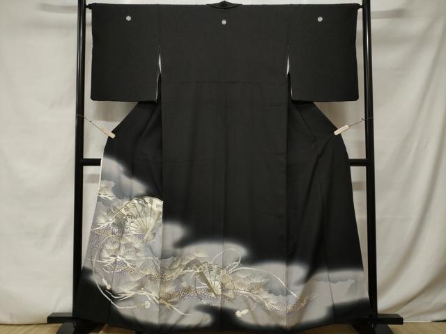 平和屋着物■豪華黒留袖　刺繍　檜扇松葉文　暈し染め　金彩　銀糸　正絹　逸品　CABE7625ev