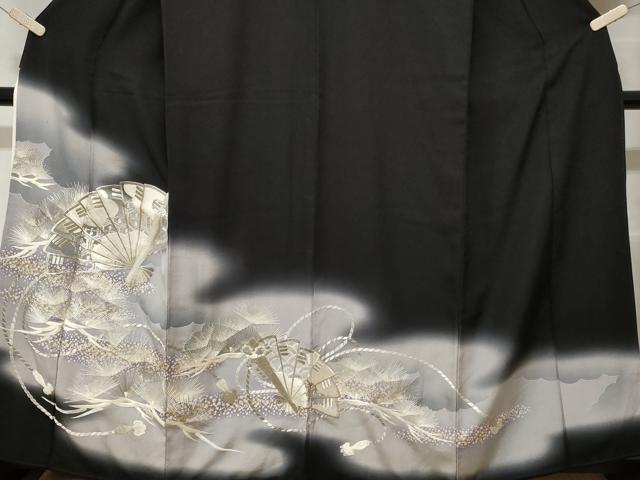 平和屋着物■豪華黒留袖　刺繍　檜扇松葉文　暈し染め　金彩　銀糸　正絹　逸品　CABE7625ev