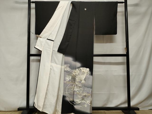 平和屋着物■豪華黒留袖　刺繍　檜扇松葉文　暈し染め　金彩　銀糸　正絹　逸品　CABE7625ev