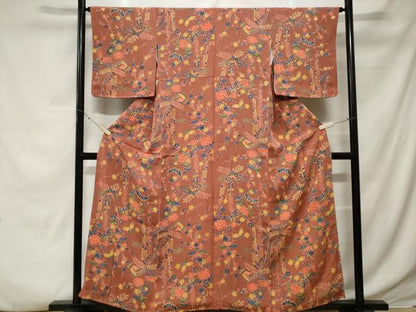 平和屋着物■上質な小紋　型染め　花蝶文　鬼しぼ縮緬　正絹　逸品　CABE7649ev
