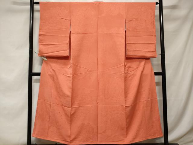 平和屋着物■上質な色無地 孔雀地紋 珊瑚朱色 正絹 逸品 CABE7710ev