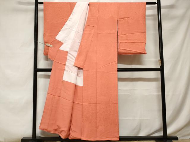平和屋着物■上質な色無地 孔雀地紋 珊瑚朱色 正絹 逸品 CABE7710ev