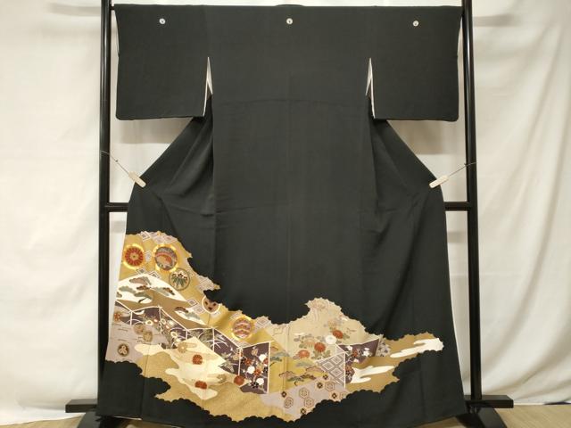 平和屋着物■豪華黒留袖　駒刺繍　　屏風　松竹梅花丸文　金彩　正絹　逸品　CABE7765ev