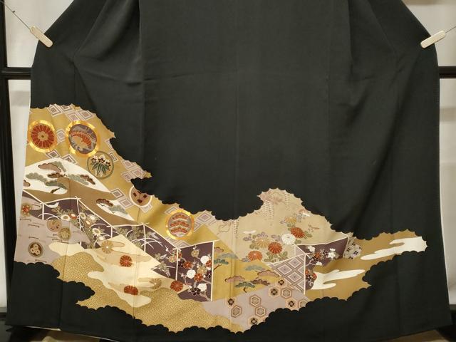 平和屋着物■豪華黒留袖　駒刺繍　　屏風　松竹梅花丸文　金彩　正絹　逸品　CABE7765ev