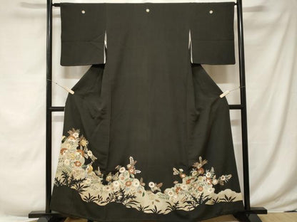 平和屋着物■豪華黒留袖　刺繍　枝花シルエット　金彩　正絹　逸品　CABE7785ev