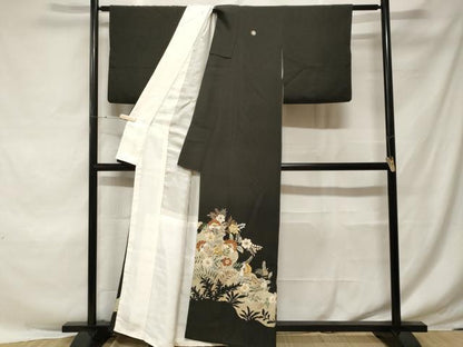 平和屋着物■豪華黒留袖　刺繍　枝花シルエット　金彩　正絹　逸品　CABE7785ev