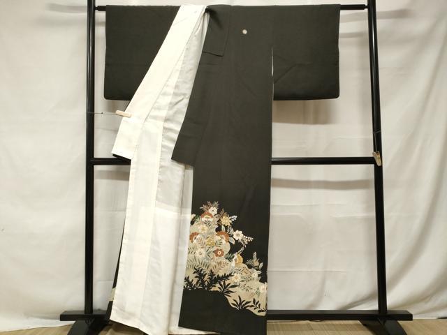 平和屋着物■豪華黒留袖　刺繍　枝花シルエット　金彩　正絹　逸品　CABE7785ev