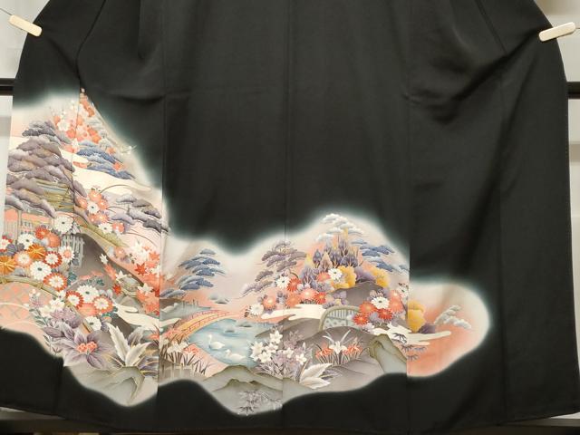 平和屋着物●豪華黒留袖　駒刺繍　御所解花文　金彩　西武百貨店扱い　正絹　逸品　CABE7083ut 平和屋着物○豪華黒留袖 駒刺繍 御所解花文 金彩 西武百貨店扱い 正絹