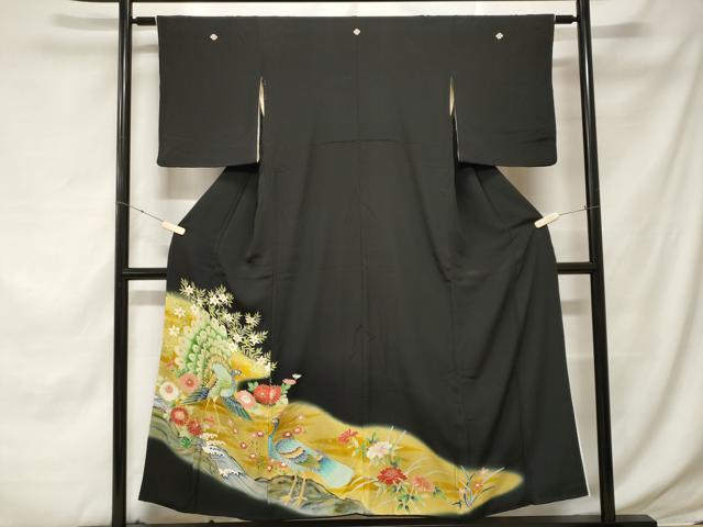平和屋着物■豪華黒留袖　駒刺繍　立波孔雀花文　暈し染め　金彩　正絹　逸品　CABE7822ev