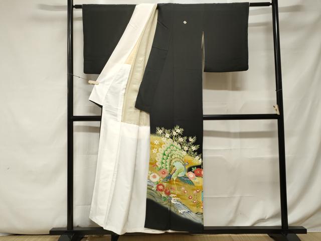 平和屋着物■豪華黒留袖　駒刺繍　立波孔雀花文　暈し染め　金彩　正絹　逸品　CABE7822ev