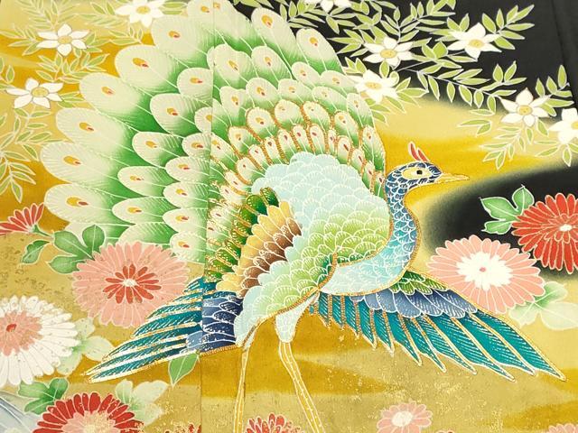 平和屋着物■豪華黒留袖　駒刺繍　立波孔雀花文　暈し染め　金彩　正絹　逸品　CABE7822ev