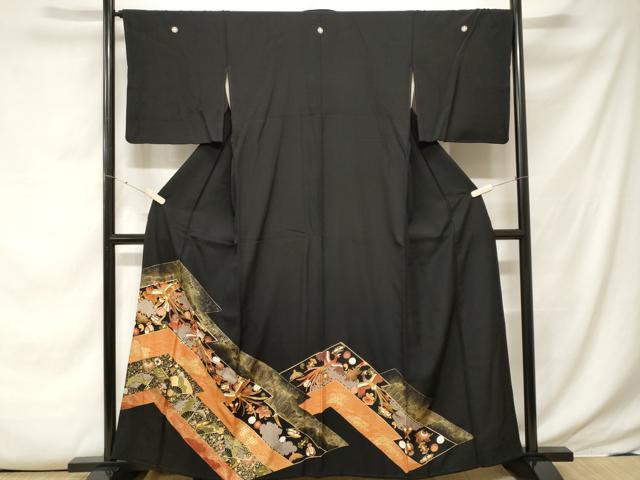 平和屋着物■豪華黒留袖　駒刺繍　鳳凰宝尽くし扇面花文　暈し染め　金彩　正絹　逸品　CABE7823ev