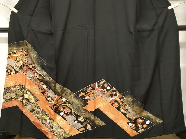 平和屋着物■豪華黒留袖　駒刺繍　鳳凰宝尽くし扇面花文　暈し染め　金彩　正絹　逸品　CABE7823ev