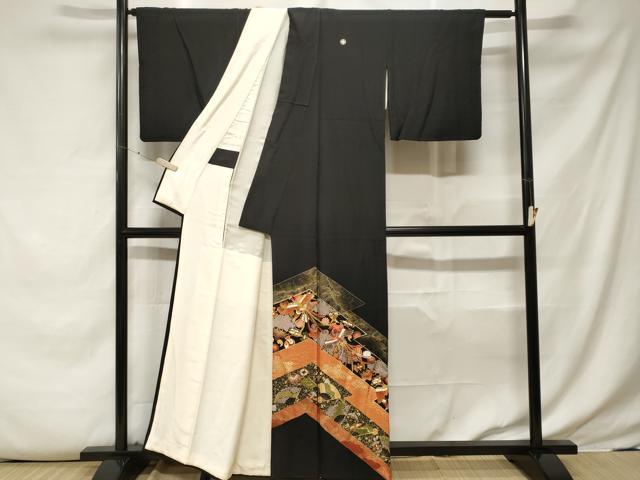 平和屋着物■豪華黒留袖　駒刺繍　鳳凰宝尽くし扇面花文　暈し染め　金彩　正絹　逸品　CABE7823ev