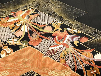 平和屋着物■豪華黒留袖　駒刺繍　鳳凰宝尽くし扇面花文　暈し染め　金彩　正絹　逸品　CABE7823ev