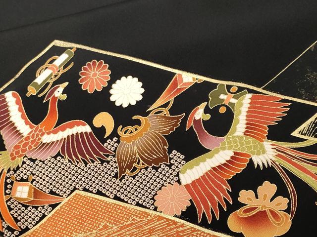 平和屋着物■豪華黒留袖　駒刺繍　鳳凰宝尽くし扇面花文　暈し染め　金彩　正絹　逸品　CABE7823ev