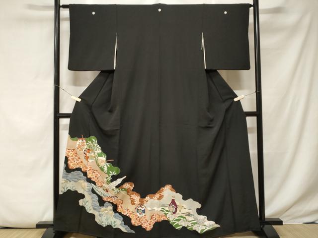 平和屋着物■豪華黒留袖 駒刺繍 仕覆 茶器花文 金彩 正絹 逸品 CABE7853ev