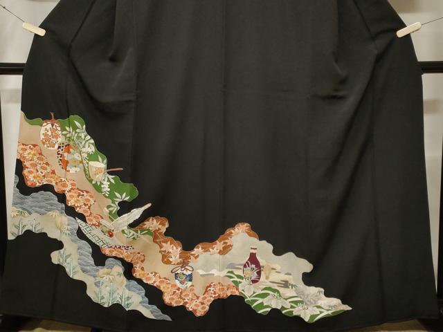 平和屋着物■豪華黒留袖 駒刺繍 仕覆 茶器花文 金彩 正絹 逸品 CABE7853ev