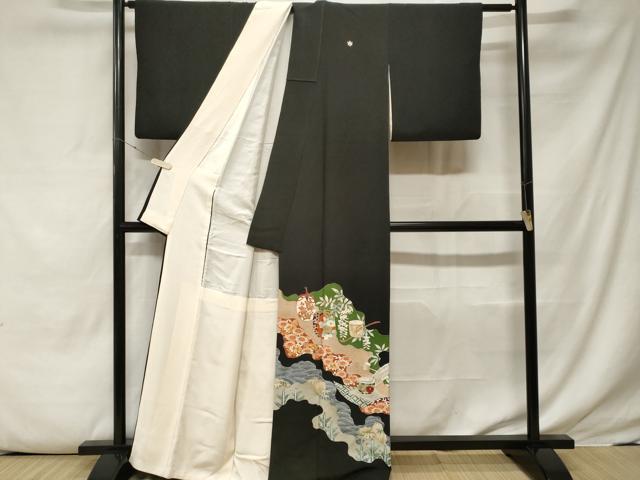 平和屋着物■豪華黒留袖 駒刺繍 仕覆 茶器花文 金彩 正絹 逸品 CABE7853ev