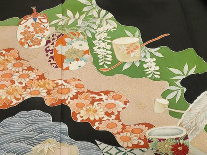 平和屋着物■豪華黒留袖 駒刺繍 仕覆 茶器花文 金彩 正絹 逸品 CABE7853ev