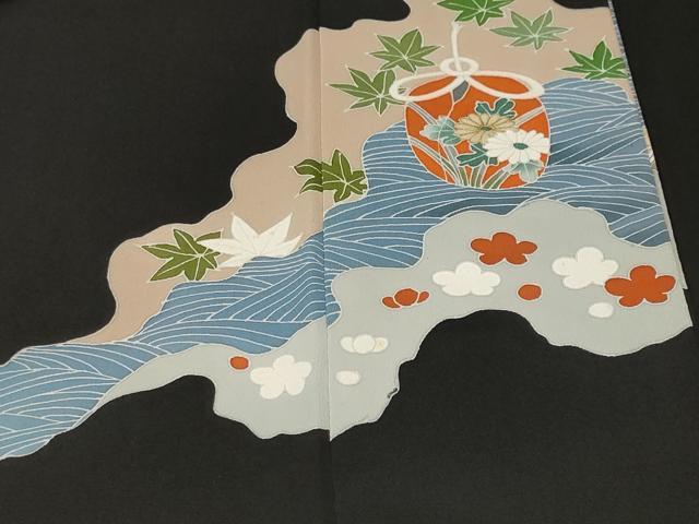 平和屋着物■豪華黒留袖 駒刺繍 仕覆 茶器花文 金彩 正絹 逸品 CABE7853ev