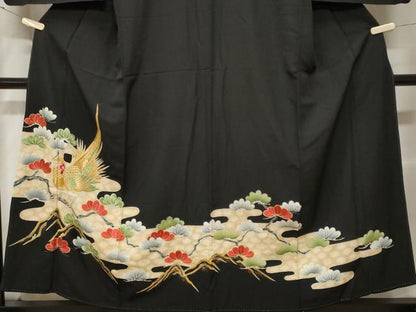 平和屋着物■豪華黒留袖 刺繍 エ霞尾長鳥枝松文 金彩 正絹 逸品 CABE7858ev