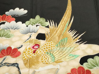 平和屋着物■豪華黒留袖 刺繍 エ霞尾長鳥枝松文 金彩 正絹 逸品 CABE7858ev