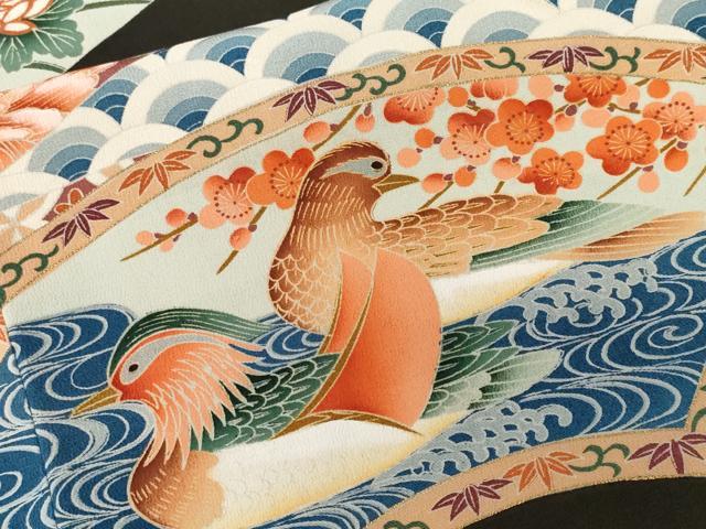 平和屋着物■豪華黒留袖　作家物　刺繍　尾長鳥　鴛鴦　地紙花文　暈し染め　金彩　正絹　逸品　CABE7863ev