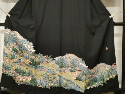 平和屋着物■豪華黒留袖 友禅 作家物 雀 風景文 正絹 逸品 CABE7871ev