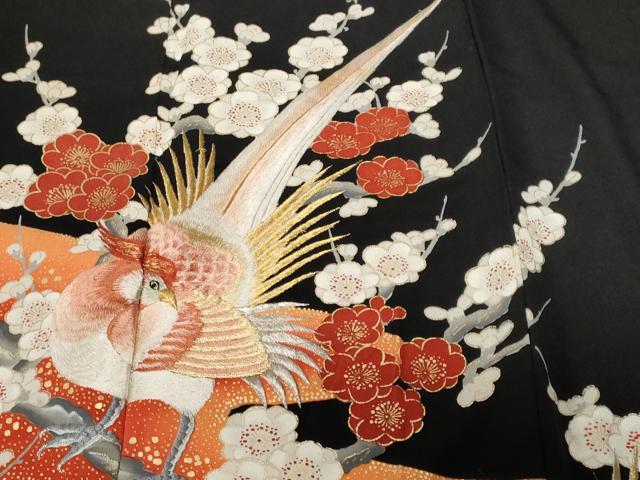 平和屋着物■豪華黒留袖 刺繍 尾長鳥枝梅文 暈し染め 金彩 正絹 逸品 CABE7991ev