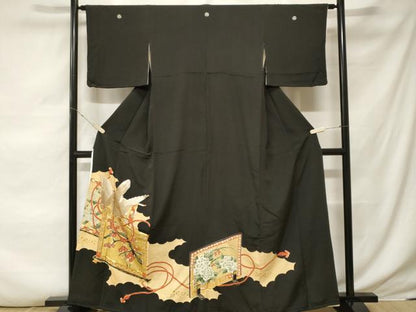 平和屋着物■豪華黒留袖　駒刺繍　屏風花鳥文　金彩　正絹　逸品　CABE7994ev