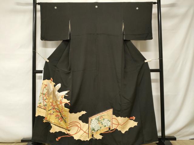 平和屋着物■豪華黒留袖　駒刺繍　屏風花鳥文　金彩　正絹　逸品　CABE7994ev