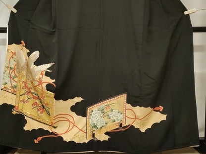 平和屋着物■豪華黒留袖　駒刺繍　屏風花鳥文　金彩　正絹　逸品　CABE7994ev
